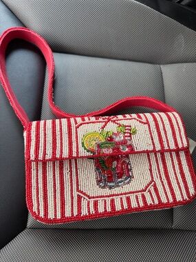 Anthropologie Red and Cream Beaded Cocktail purse